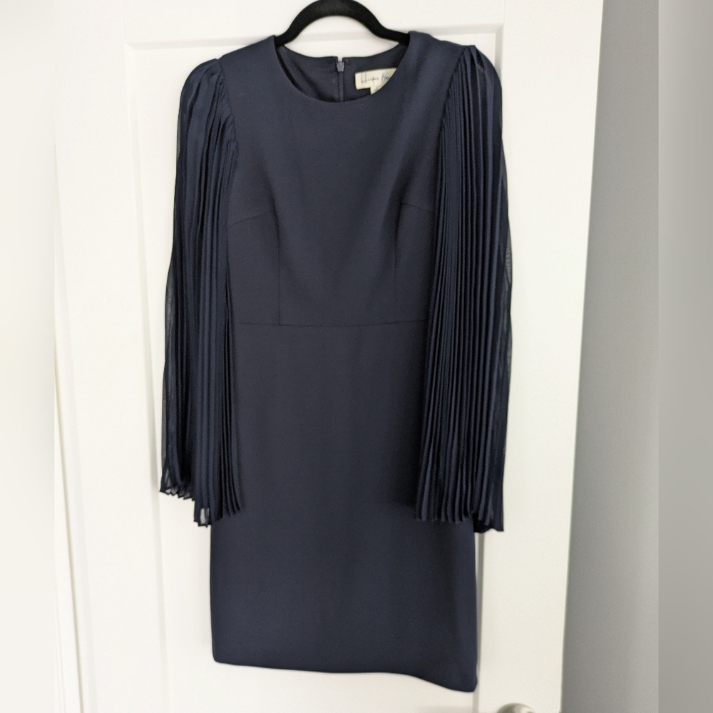Harper Blue Sheath Dress with Pleated Bishop Sleeves